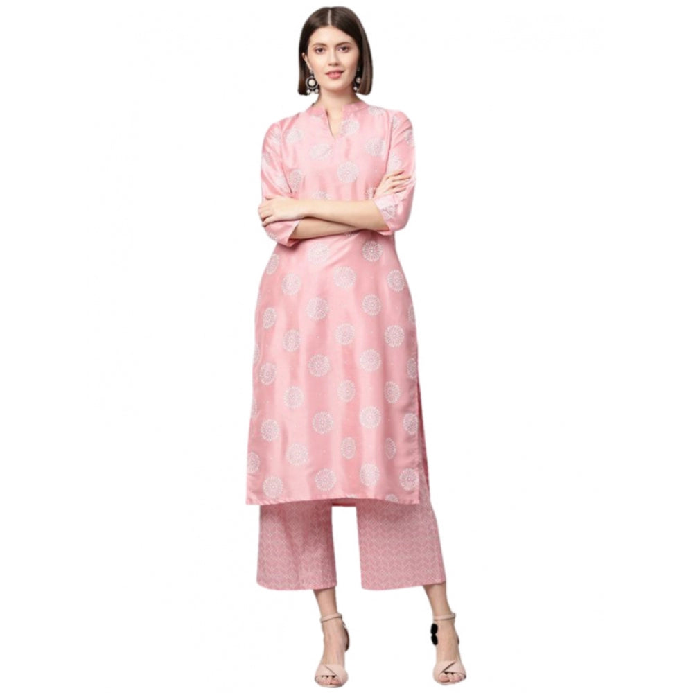 Casual 3-4Th Sleeve Floral Printed Poly Silk Kurti And Palazzo Set (Pink)