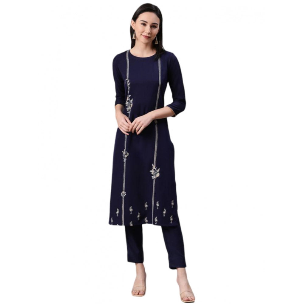 Casual 3-4Th Sleeve Floral Printed Rayon Kurti And Pant Set (Blue)