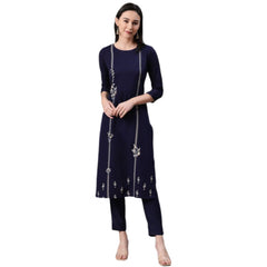 Casual 3-4Th Sleeve Floral Printed Rayon Kurti And Pant Set (Blue)