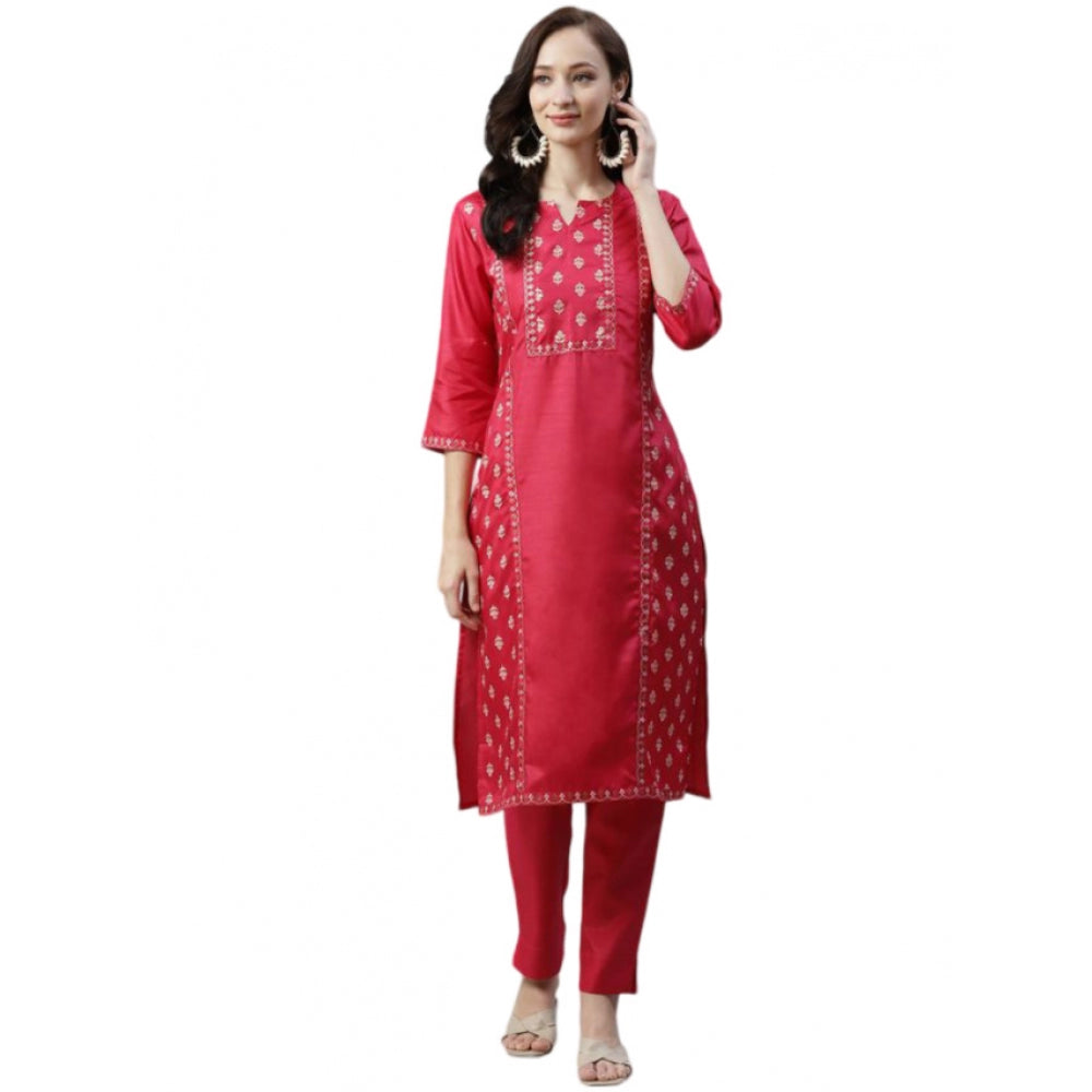 Casual 3-4Th Sleeve Floral Printed Poly Silk Kurti And Pant Set (Pink)