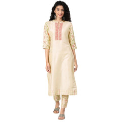 Casual 3-4Th Sleeve Solid Poly Silk Kurti and Pant Set (Cream)