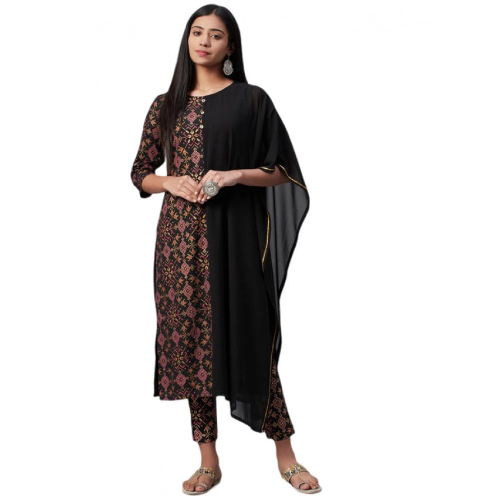 Casual Half Sleeve Ethnic Motifs Georgette &amp; Crepe Kurti and Pant Set (Black)