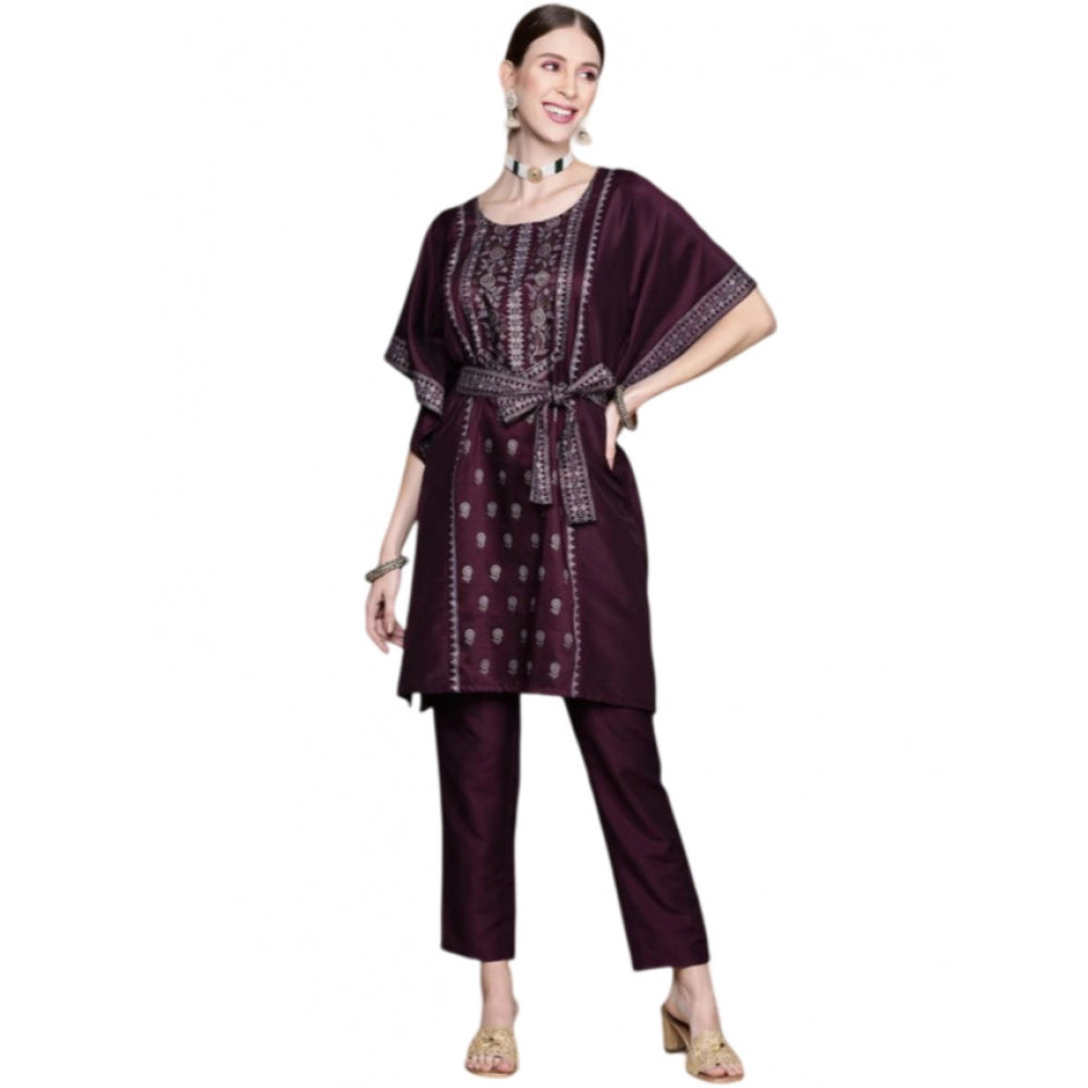 Casual 3-4Th Sleeve Floral Printed Chinon Kurti And Pant Set (Wine)