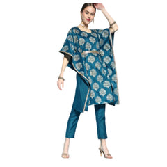 Casual 3-4Th Sleeve Floral Printed Chinon Kurti And Pant Set (Teal)