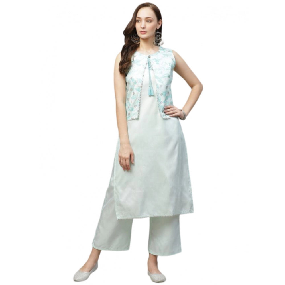 Casual Sleeveless Abstract Poly Silk Kurti and Palazzo Set (Mint Green)