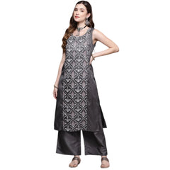 Casual Sleeveless Floral Printed Poly Silk Kurti and Palazzo Set (Dark Grey)