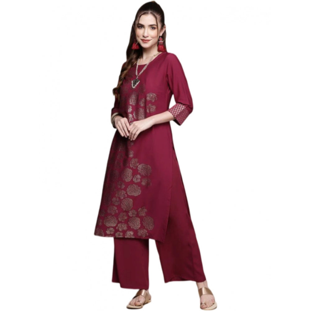 Casual 3-4Th Sleeve Floral Printed Crepe Kurti And Palazzo Set (Dark Pink)