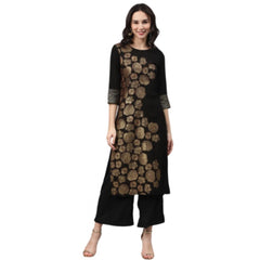 Casual 3-4Th Sleeve Floral Printed Crepe Kurti And Palazzo Set (Black)