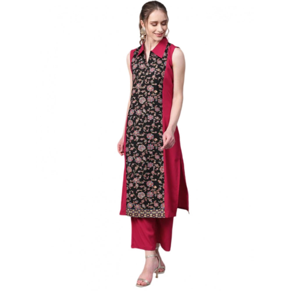 Casual Sleeveless Floral Printed Crepe Kurti and Palazzo Set (Pink)