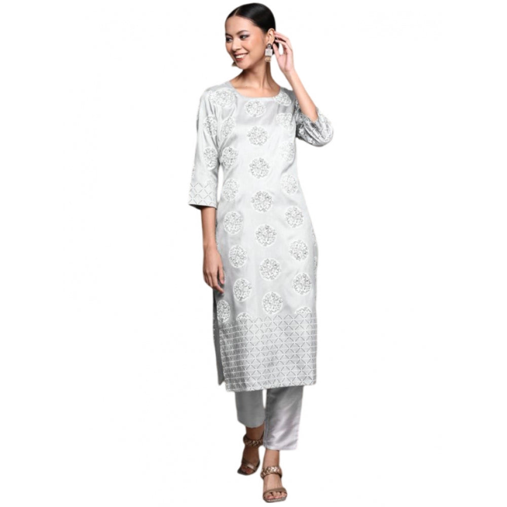 Casual 3-4Th Sleeve Floral Printed Poly Silk Kurti and Pant Set (Light Grey)