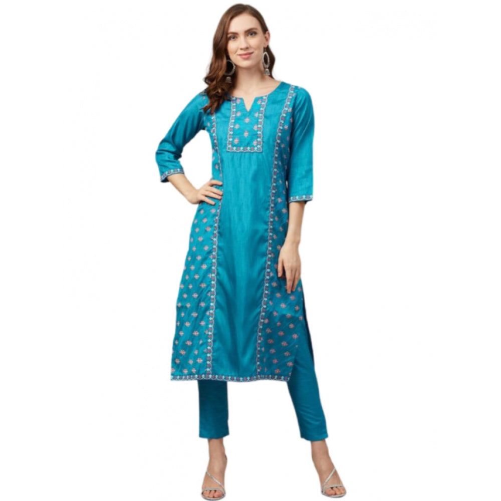 Casual 3-4Th Sleeve Floral Printed Poly Silk Kurti and Pant Set (Blue)