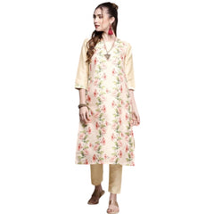 Casual 3-4Th Sleeve Floral Printed Poly Silk Kurti and Pant Set (Cream)