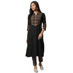 Casual 3-4Th Sleeve Geometric Crepe Kurti and Pant Set (Black)