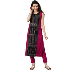 Casual sleeveless Tribal Crepe Kurti and Pant Set (Pink)