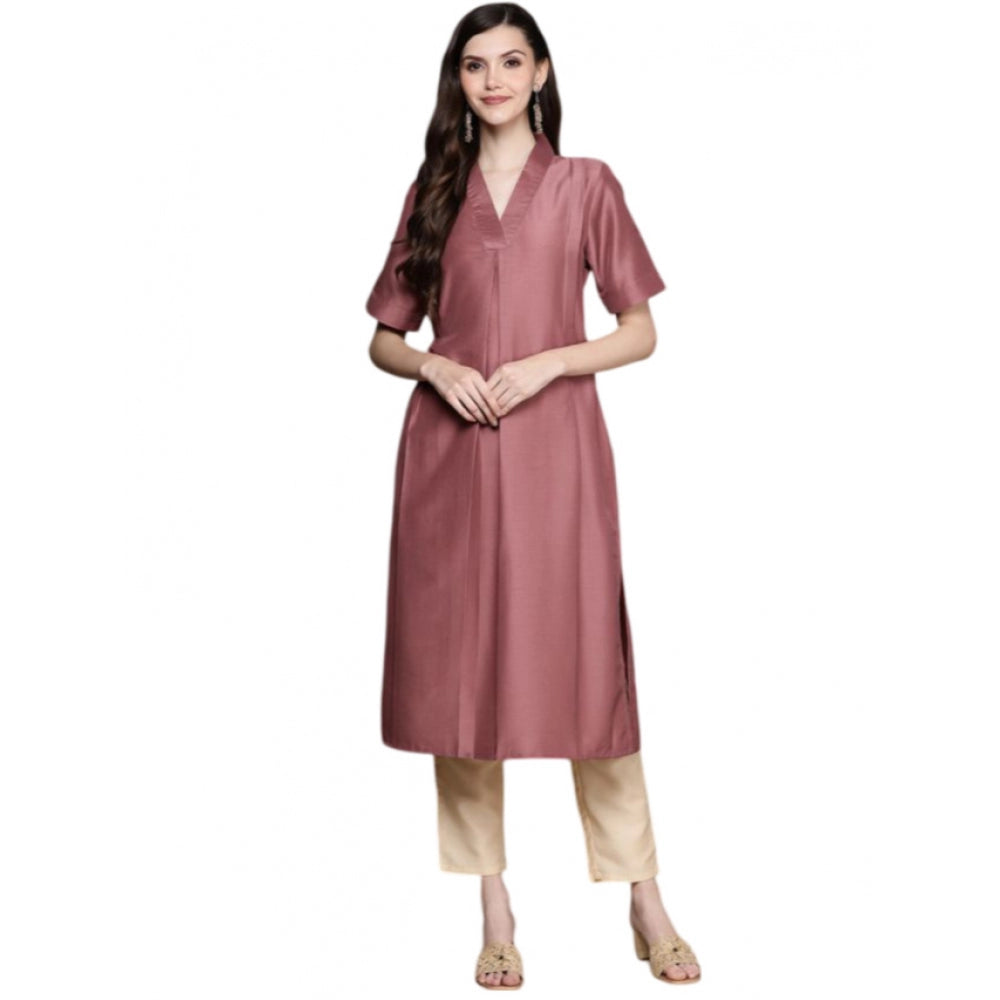 Casual Half Sleeve Solid Chinon Kurti And Pant Set (Brown)