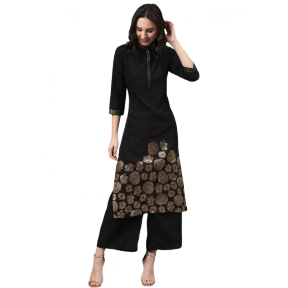 Casual 3-4Th Sleeve Ethnic Motifs Crepe Kurti And Palazzo Set (Black)