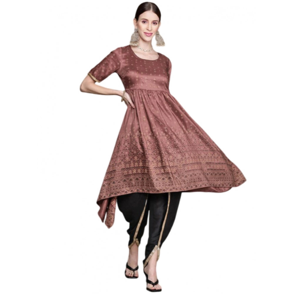 Casual Half Sleeve Floral Printed Chinon Kurti And Dhoti Pant Set (Brown)