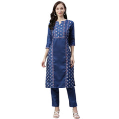 Casual 3-4Th Sleeve Floral Printed Poly Silk Kurti And Pant Set (Blue)