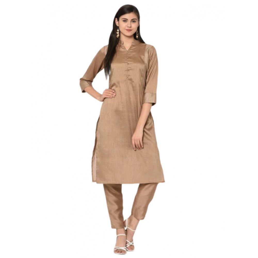 Casual 3-4Th Sleeve Solid Poly Silk Kurti and Pant Set (Brown)