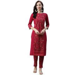 Casual 3-4Th Sleeve Floral Printed Crepe Kurti And Pant Set (Maroon)