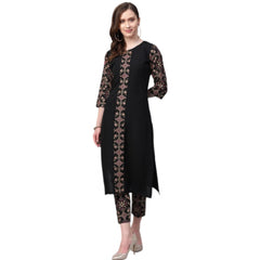 Casual 3-4Th Sleeve Solid Crepe Kurti And Pant Set (Black)