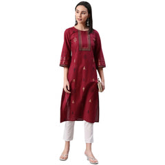 Casual 3-4Th Sleeve Ethnic Motifs Rayon Kurti And Pant Set (Red)