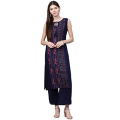 Casual Sleeveless Ikkat Rayon Kurti and Palazzo Set (Navy Blue)