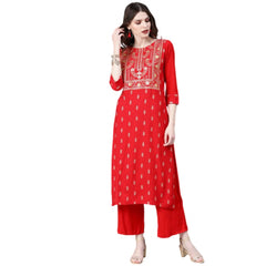 Casual 3-4Th Sleeve Floral Printed Rayon Kurti and Palazzo Set (Red)