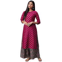 Casual 3-4Th Sleeve Floral Printed Poly Silk Kurti And Palazzo Set (Pink)