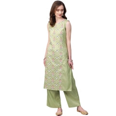 Casual Sleeveless Floral Printed Poly Silk Kurti and Palazzo Set (Green)