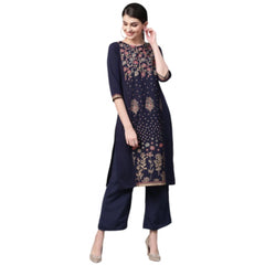 Casual 3-4Th Sleeve Floral Printed Crepe Kurti And Palazzo Set (Navy Blue)