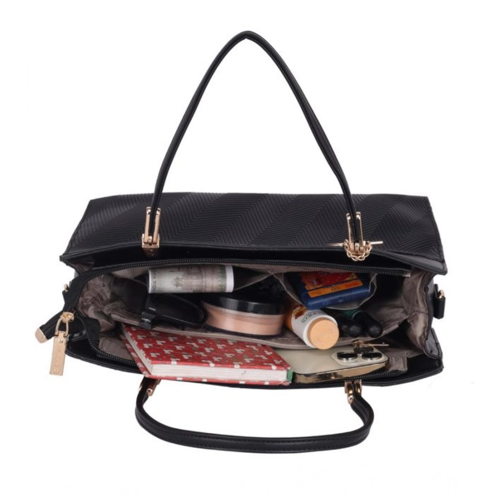 Women's Faux Leather Textured Adjustable Long Belt Handbag (Black)