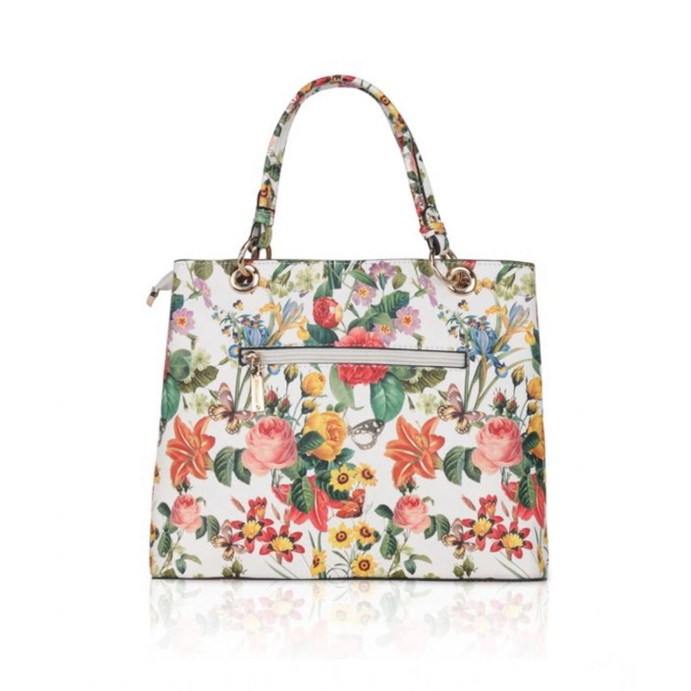 Women's Faux Leather Printed Handheld Bag (White Orang)