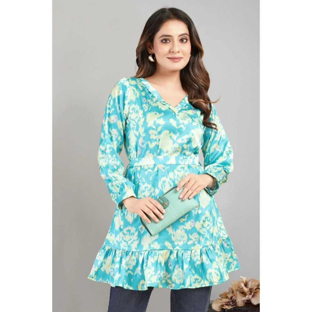 Casual Full Sleeve Printed Satin Top (Turquoise)