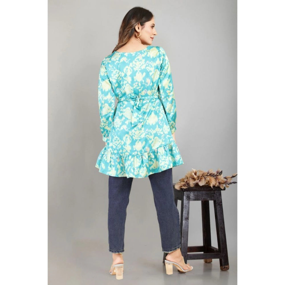 Casual Full Sleeve Printed Satin Top (Turquoise)