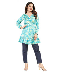 Casual Full Sleeve Printed Satin Top (Turquoise)