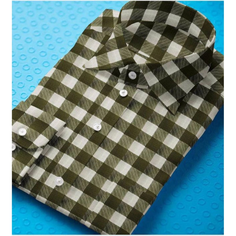 Men's Cotton Blended Checked Full Sleeve Shirt (White-Green)