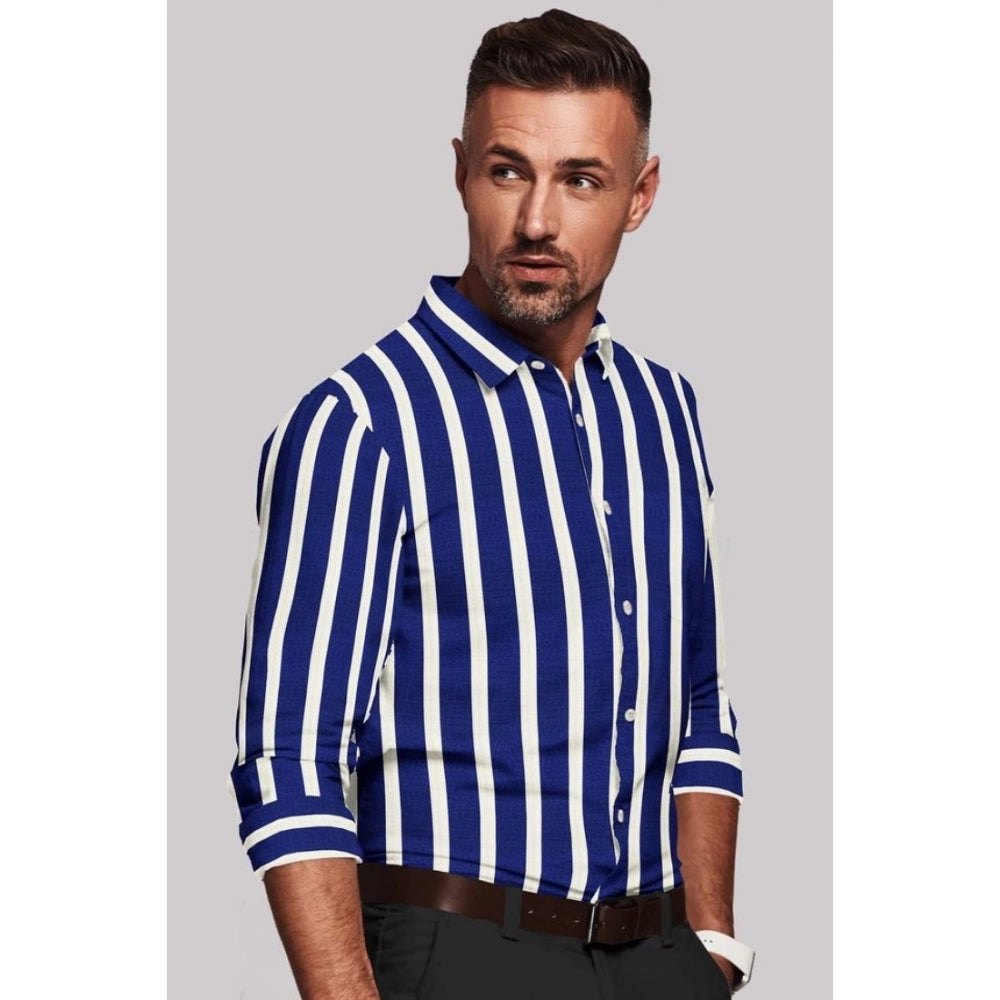 Men's Cotton Blended Striped Full Sleeve Shirt (White-Blue)