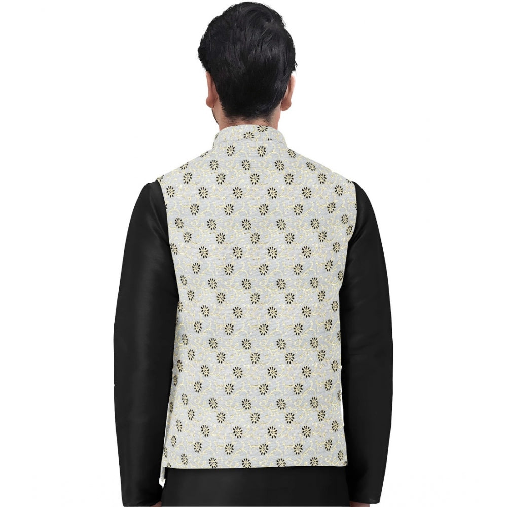 Men's Jacquard Printed Full Sleeve Waistcoat (Silver)