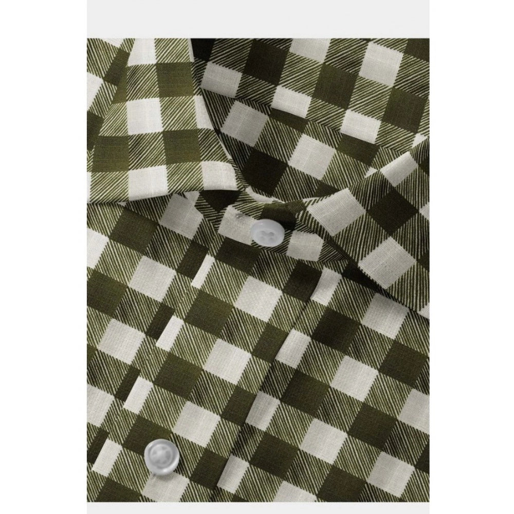 Men's Cotton Blended Checked Full Sleeve Shirt (White-Green)