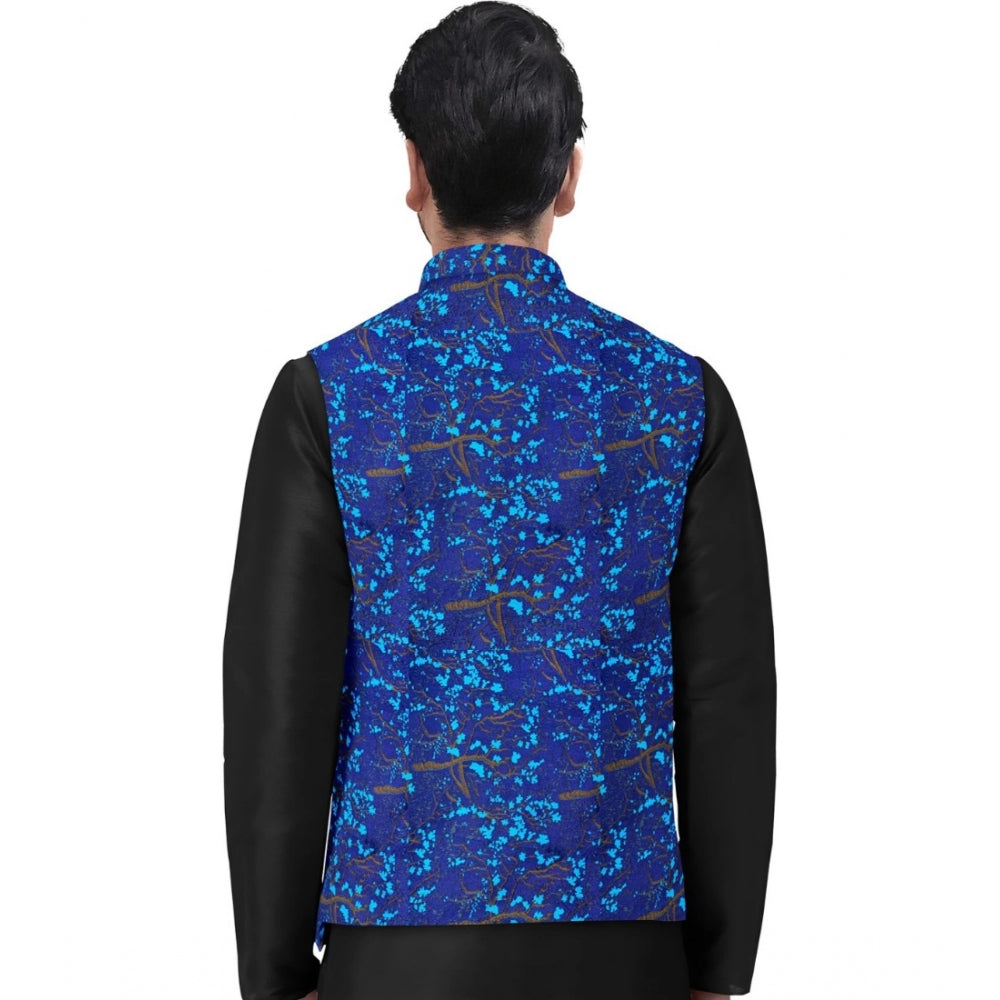 Men's Jacquard Printed Full Sleeve Waistcoat (Blue)