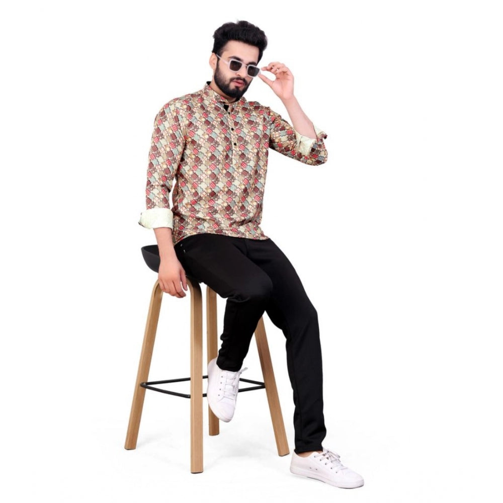 Men's Cotton Blended Printed Full Sleeve Shortkurta (Multicolor)