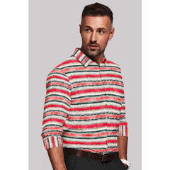 Men's Cotton Blended Striped Full Sleeve Shirt (Red-White)