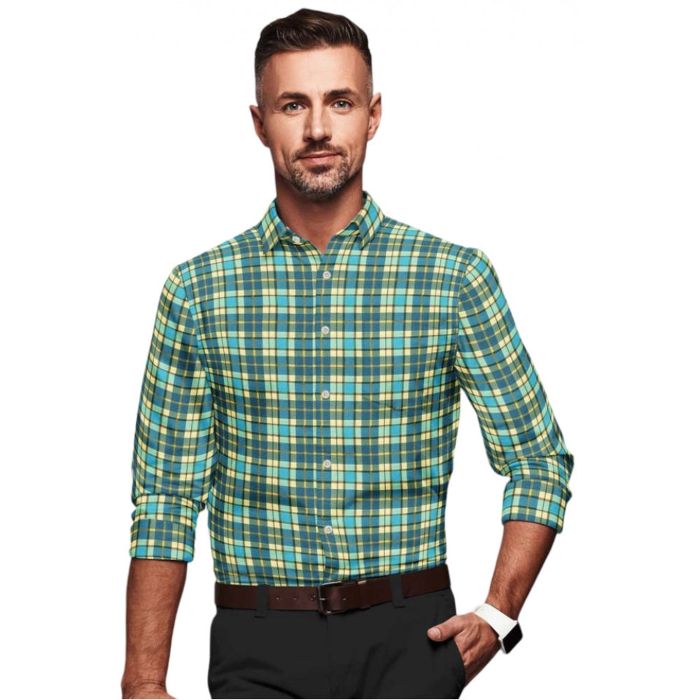 Men's Cotton Blended Checked Full Sleeve Shirt (Green-Yellow)