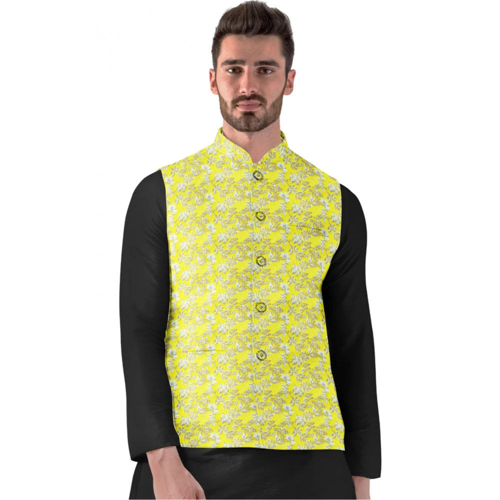 Men's Jacquard Printed Full Sleeve Waistcoat (Yellow)