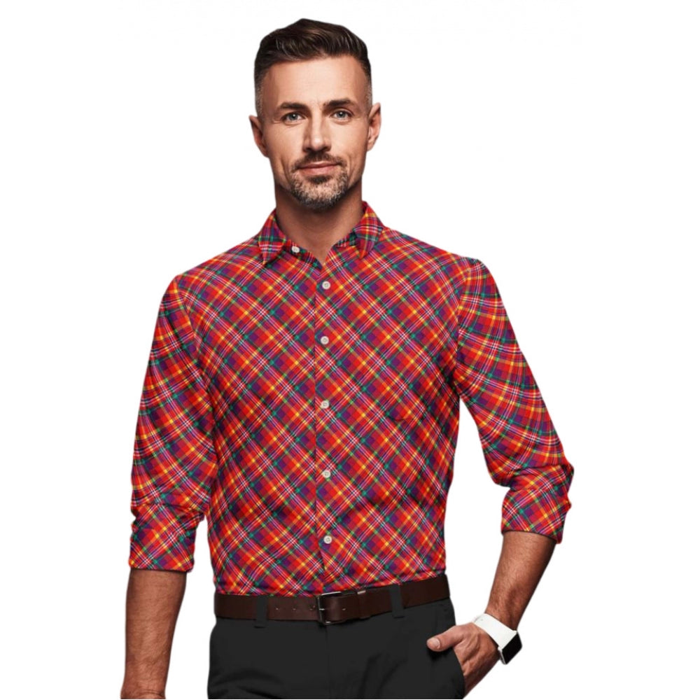 Men's Cotton Blended Checked Full Sleeve Shirt (Red)