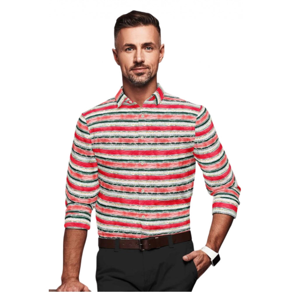 Men's Cotton Blended Striped Full Sleeve Shirt (Red-White)