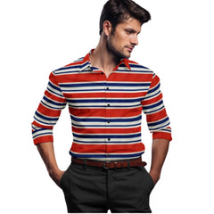 Men's Cotton Blended Striped Full Sleeve Shirt (Red-Blue)