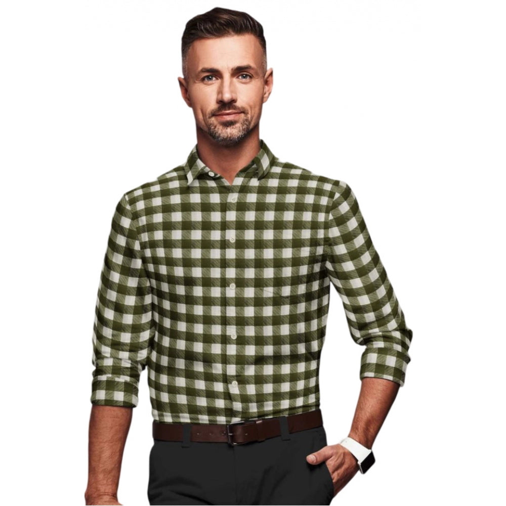 Men's Cotton Blended Checked Full Sleeve Shirt (White-Green)