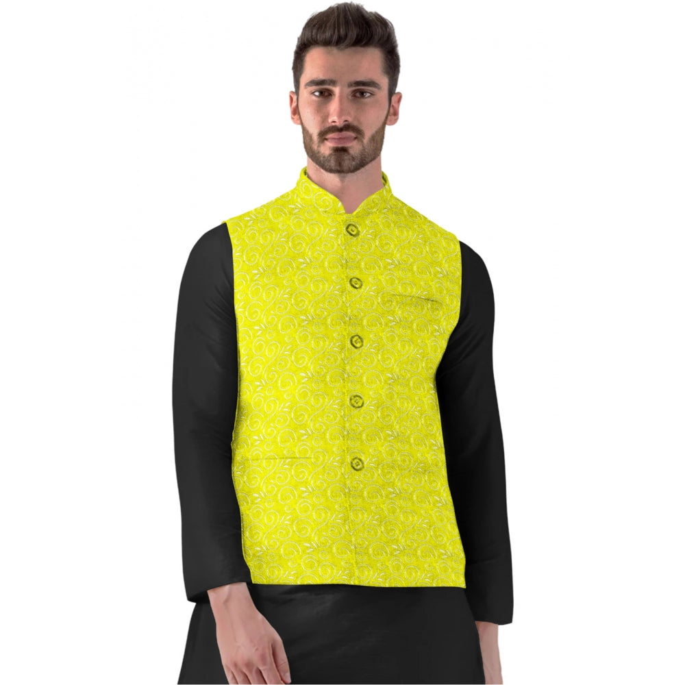 Men's Jacquard Printed Full Sleeve Waistcoat (Yellow-Black)